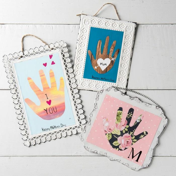 parmak izi boyama ile anneye el yapımı hediye örneği, scrapbooking kağıdından çocuğun eliyle kesilmiş orijinal boyama şablonları