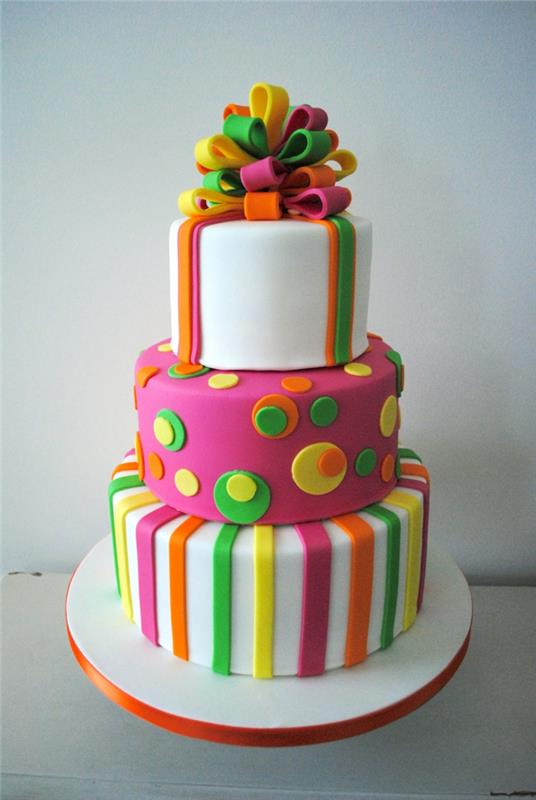 gimtadienio tortas, dabartinis tortas, spalvingos raižytos juostelės, spalvingas deserto dizainas