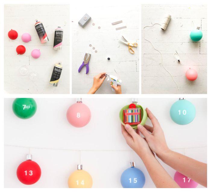 İçinde oyuncak sürprizleri olan renkli Noel topları olan küçük çocuklar için kendin yap aksan takvimi