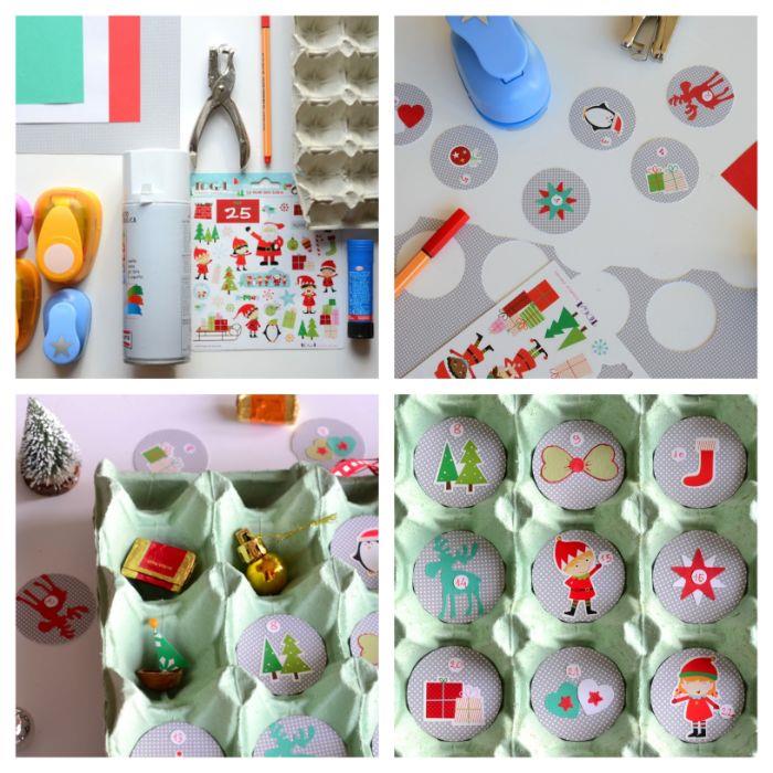 karton varış takvimi fikri yumurta kartonu doldurulmuş oyuncaklar ve yapışkan çıkartmalarla süslenmiş mini kağıt daireler ile çocuklar için varış takvimi