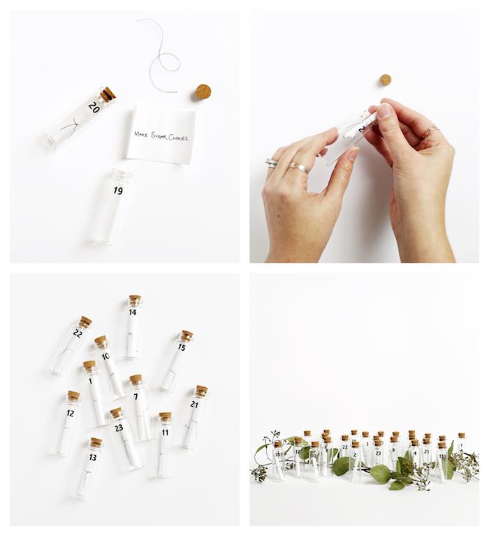 „Pasidaryk pats“ advento kalendorius mažuose buteliukuose su miniatiūrinėmis skandinaviško pajūrio stiliaus etiketėmis su dekoratyvine augmenija