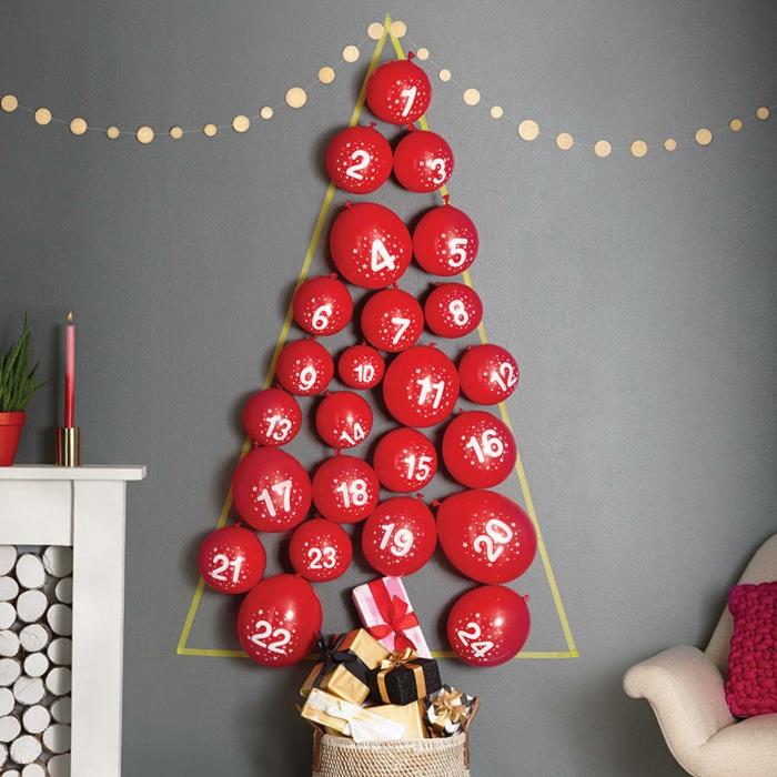 adventni koledar, božično drevo z baloni, izvirne ideje za koledar hadcraft