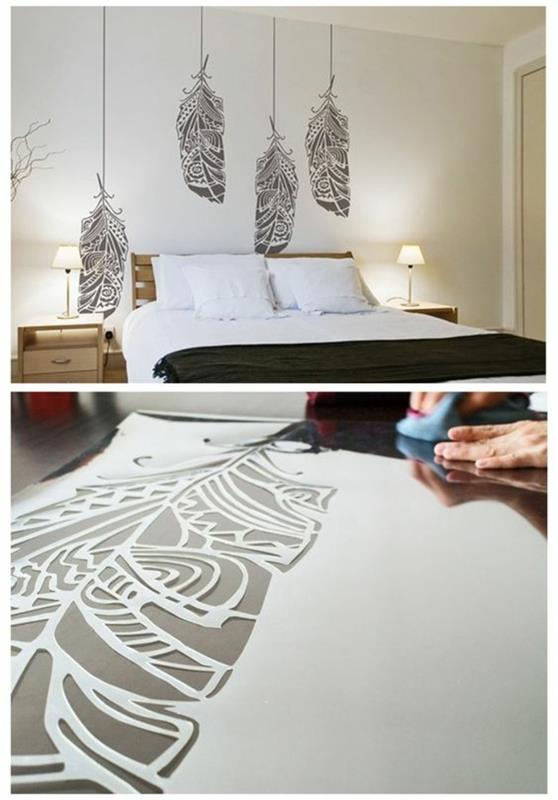 Kamera da letto, şablon di piuma, disegno su una parete