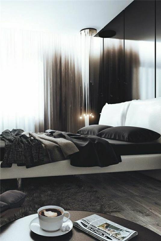 Idėja abbinamento spalvota kamera da letto, grigio e nero, pavimento in legno parketas ir tapeta
