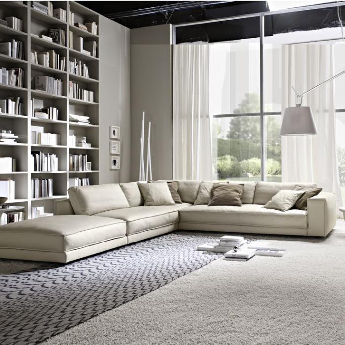 smėlio spalvos kampinė sofa-didelė sieninė knygų spinta