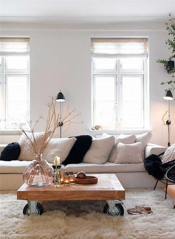smėlio spalvos sofa-skandinaviška svetainė-baltas kilimas-medinis-kavos staliukas-smėlio spalvos sofa