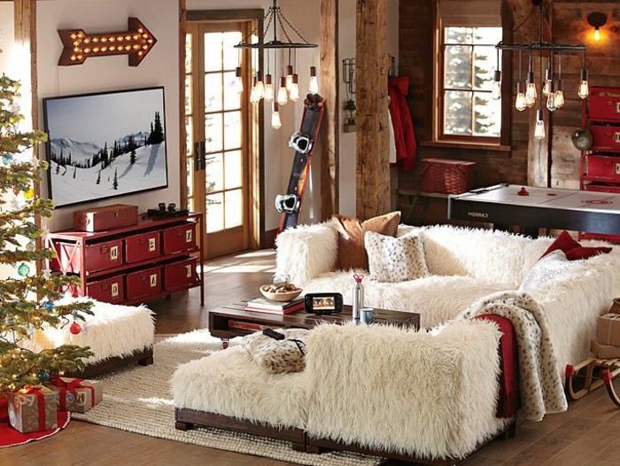 oturma odası dekor fikri, kış manzarası, köşe kanepe, suni kürk örtüler, bej halı, ahşap parke