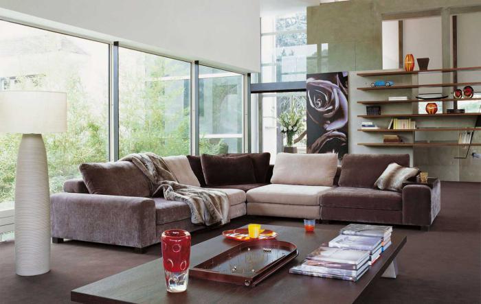 sekcija-sofa-roche-bobois-sofa-šiuolaikinėje smėlio spalvos svetainėje