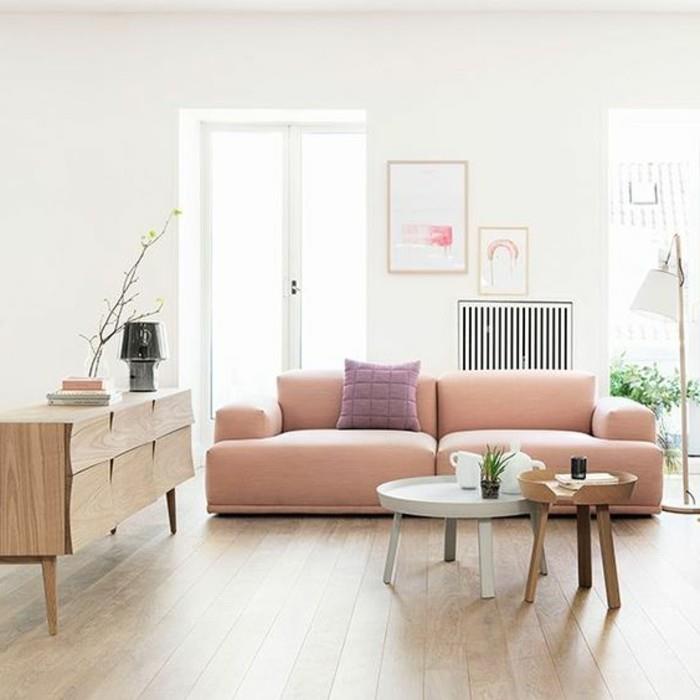 sofa-lašišoje-rožinė-kuri rūkė lašišą-pasirinkti-gyvenamajam kambariui-parketo grindys-apvalus kavos staliukas-svetainei