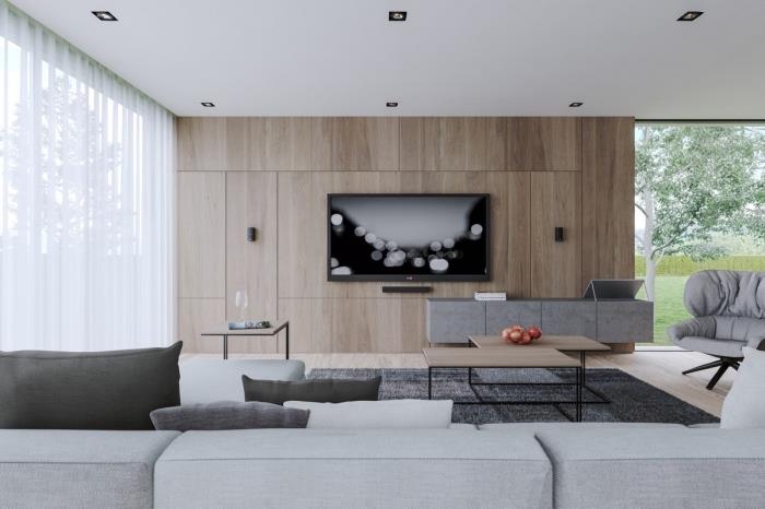 plataus medžio dailylentės pavyzdys, modernus baltos ir pilkos spalvos svetainės dizainas su medžio akcentais, modernus svetainės sofos modelis