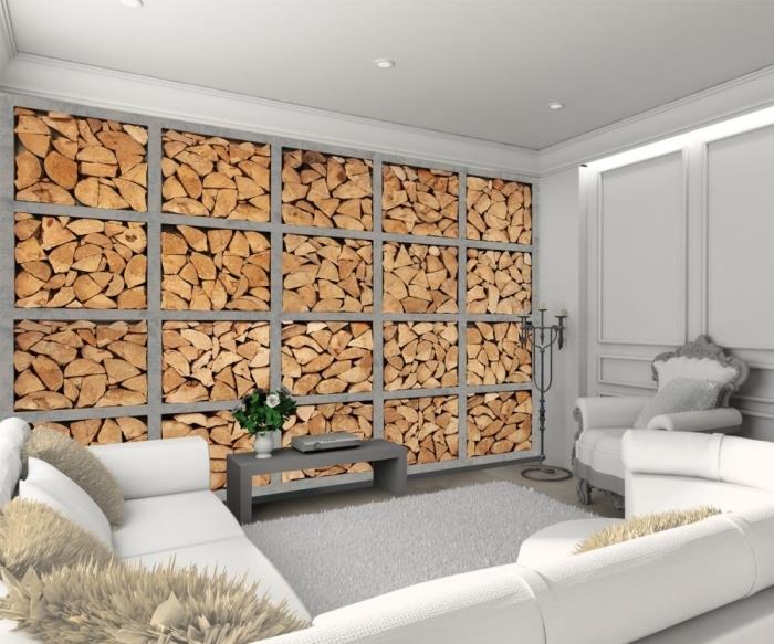 šiltos interjero dekoravimo idėja su baltais baldais ir medžio imitacijos tapetų sienų danga