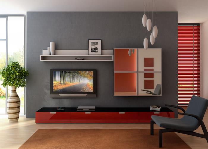 sodobna minimalistična siva rdeča preprosta zasnova dnevne sobe