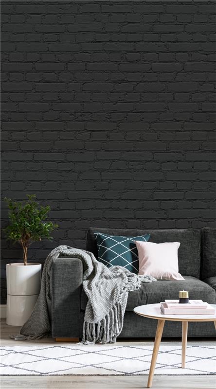 juodų plytų tapetų raštas minimalistinio ar industrinio stiliaus dekorui gyvenamajame kambaryje, balto ir juodo kilimo raštas