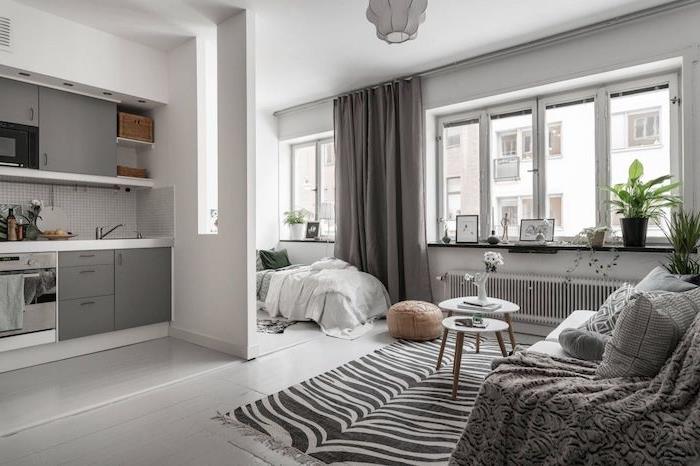 bela in siva kuhinja, ločena od spalnega prostora, odprtega za sivo -belo skandinavsko dnevno sobo s preprogo iz zebre in sivim kavčem