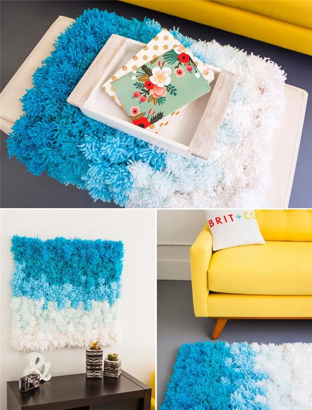 sarı kanepe ve DIY duvar dekoru ile bir oturma odasında modern iç tasarım, gölgeli tasarım ponpon halı