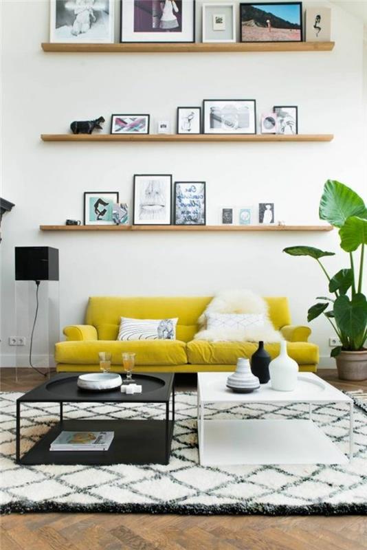 sofa-geltonas-kilimas-balta-juoda-svetainė-stalas-balta-juoda-svetainė-baldai, atitinkantys interjero spalvas