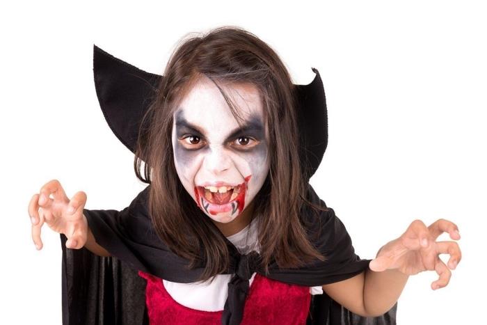 merginos vampyro makiažo pavyzdys, Helovino kostiumo idėja mergaitei ar berniukui, „pasidaryk pats“ vampyro kostiumas