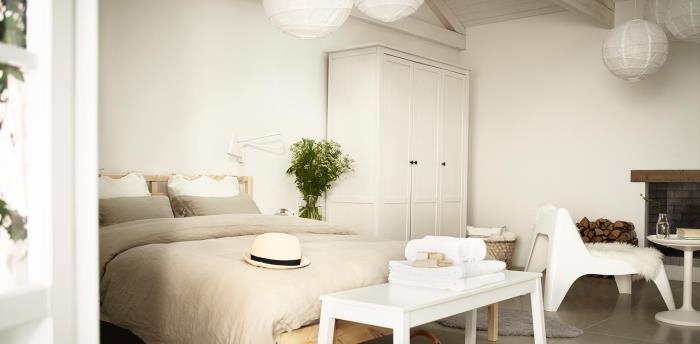 Ahşap tavanlı yetişkin yatak odasında beyaz gardırop, şömineli koza dekoru ve yeşil bitki