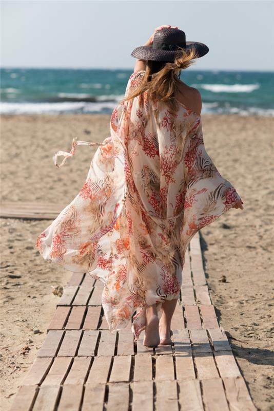 rinkitės boho prašmatnaus stiliaus paplūdimio kimono, vasaros moteriškų drabužių modelį su ilgu dizainu ir neutraliomis spalvomis