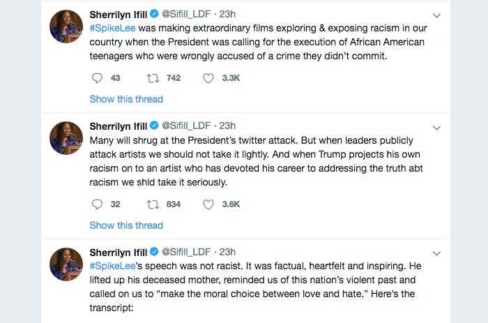 Posnetek zaslona odzivov Sherrelyn Ifill na odziv Donalda Trumpa na Tweeterju na predlog Spikea Leeja za oskarja