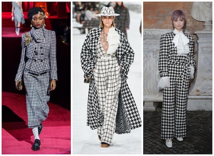 tri različne črno -bele obleke, trendi jesen -zima 2019 2020, fotografije vzporedno z modeli, ki hodijo po vzletno -pristajalni stezi