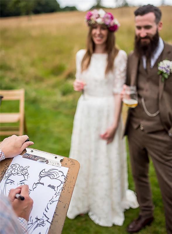 Kır düğünü için karikatürist, sürpriz düğün sürprizleri, parti oyunları, eğlence ile kokteyl anında tasarımlar