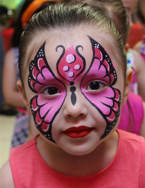 ustvarjanje izvirnega otroškega ličila s šablono in barvo obraza v roza odtenkih v različici metulj