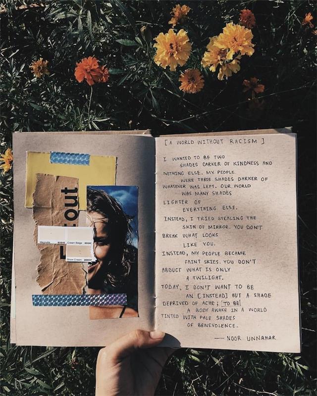 Viename puslapyje poezija, o kitame - nuotraukų iškarpų koliažas, vejos ir gėlių nuotrauka iš kelionių dienoraščio, paauglių iškarpų albumas