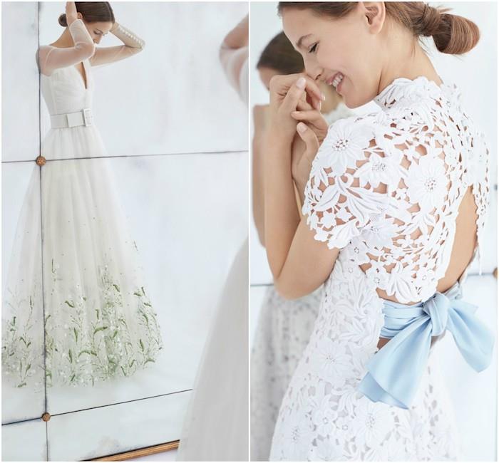 originali vestuvinė suknelė baltų gėlių siuvinėjimas ir tiulis su žaliais gėlių raštais ir mėlyna juostele