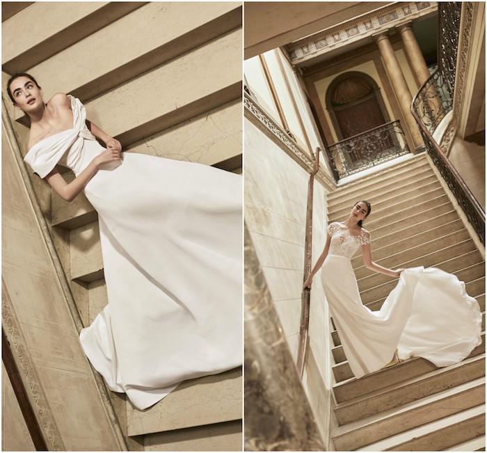 carolina herrera su vestuvine suknele 2018 paprasta, mažai dekoruota, šviesios medžiagos balta spalva