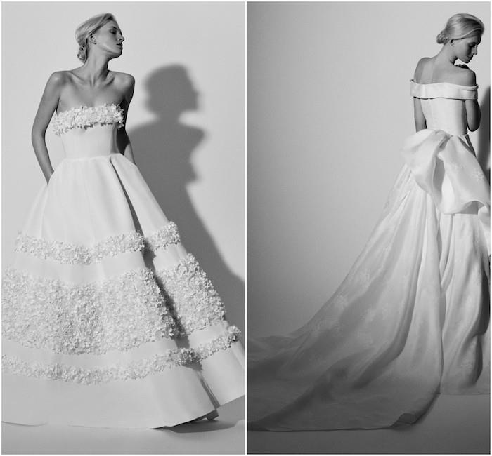 carolina herrera su 2018 metų vestuvine suknele su platėjančiu sijonu ir gėlių žiedlapių imitacijų puošmena, suknele su juostele nuogomis pečiais