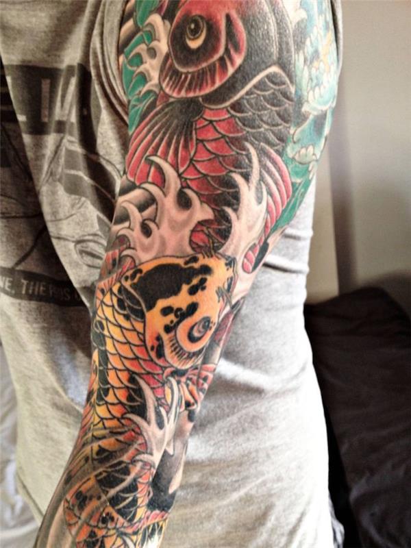 Japonų tatuiruotė visos rankos simbolis karpis koi