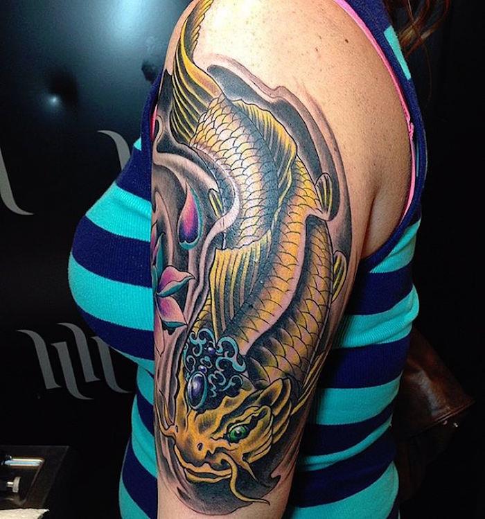 tatuiruotės rankovė japonė moteris drakonas žuvis geltonas koi karpis