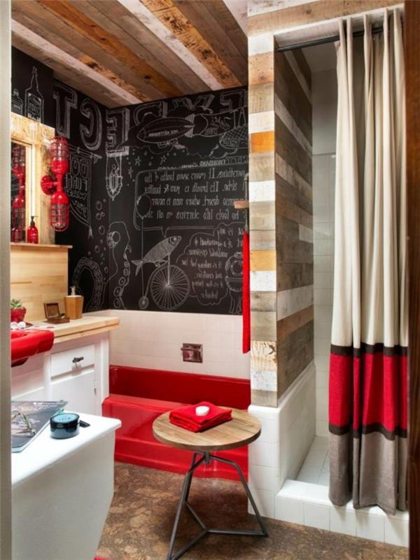kvadrat-kopalnica-imitacija-les-dekorativna-lesena plošča-original-rdeča-kopalnica-dekor-ideja