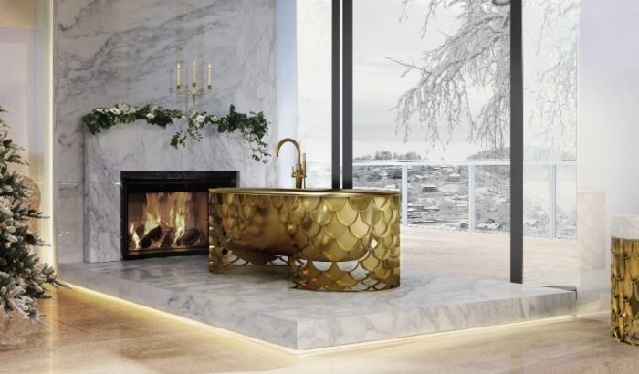 razkošen dekor v kopalnici z belim marmornim premazom in rumeno neonsko razsvetljavo, zlato samostojen model kadi