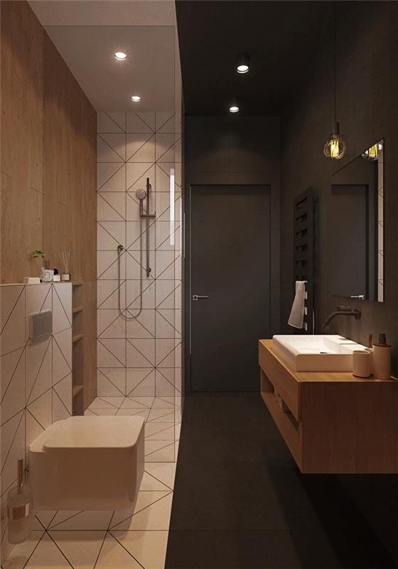 idėja, kaip sutvarkyti nedidelį vonios kambarį ilgio, modernios medinės vonios spintelės pavyzdys