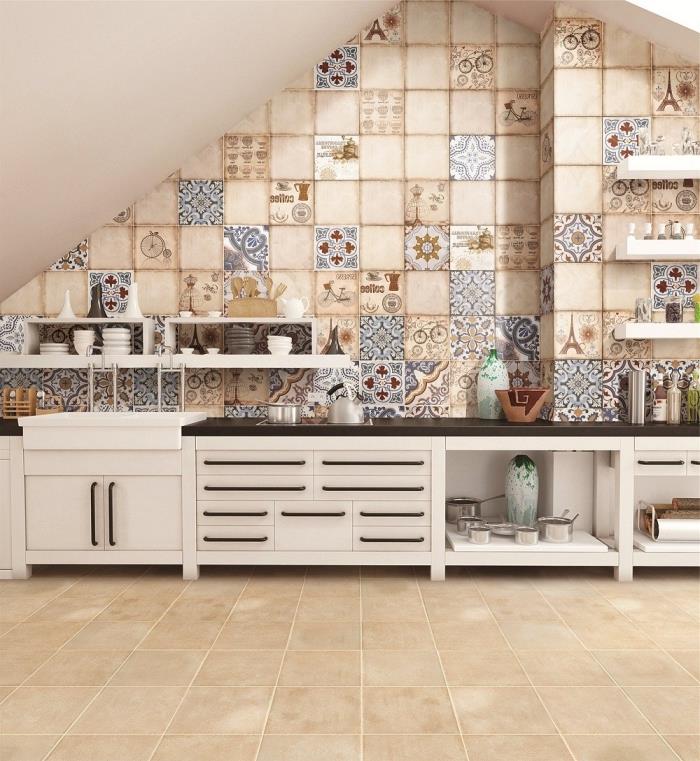 cementne ploščice, bež kuhinjska postavitev z belimi omarami in črnim pultom, vodoravno shranjevanje v kuhinji