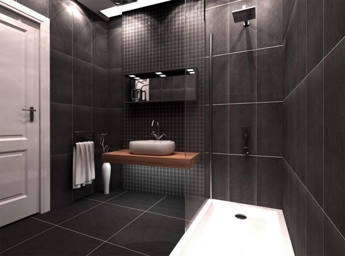 juodas vonios modelis su dušo kabina, LED vonios apšvietimo idėja, medinė vonios spintelė