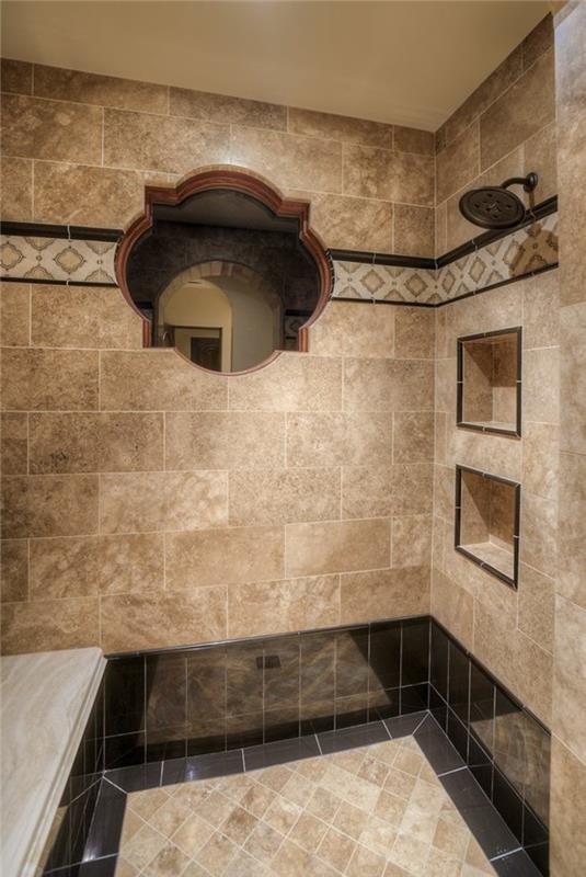 smėlio spalvos plytelėmis išklotas vonios kambarys-šiuolaikinio stiliaus-modernus dušas