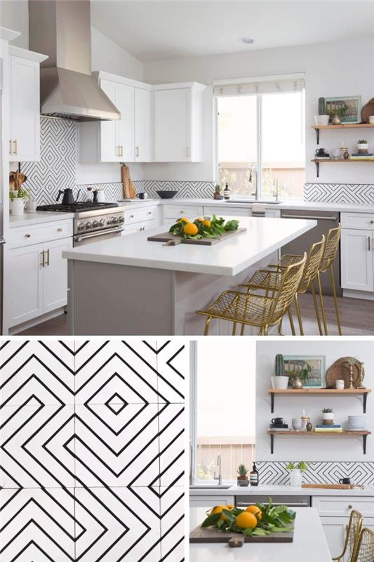 bele in črne hrbtne plošče iz cementnih ploščic z geometrijskimi vzorci, kuhinja v beli in taupe barvi s kovinskimi zaključki