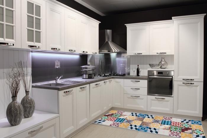 ideje za kuhinjsko dekoracijo, sodobna kotna kuhinjska postavitev z večbarvnimi cementnimi ploščicami