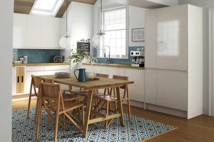 kuhinja iz cementnih ploščic, bela kuhinja z lesenim pohištvom in belo moderno pohištvo brez ročajev