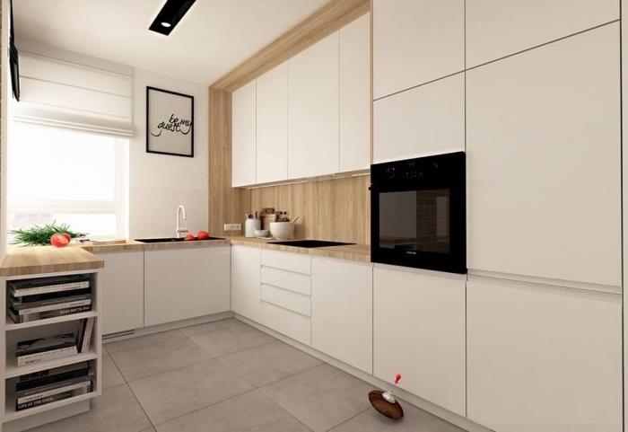 minimalistična dekoracija v sodobni kuhinji, opremljena z belimi omarami z avtomatskim odpiranjem s stenskim delom v svetlem lesu