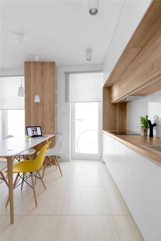 model kuhinjske omare z avtomatsko odpiranjem belih omar in pultom iz lahkega laminiranega lesa