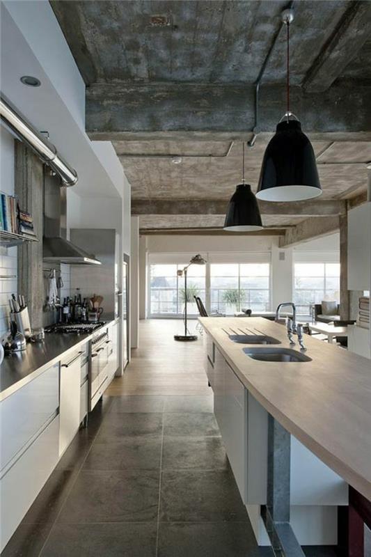 viseča svetilka-ploščice-beton-efekt-kuhinja v industrijskem slogu