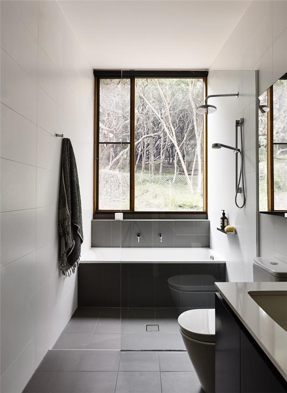 antrasit gri fayans klozet fikri küçük banyo dekorasyonu beyaz ve siyah yağmur duşu cam ayırma