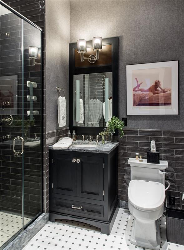 kömür grisi fayans banyo tasarımı art deco desen duşakabin ayna cam duvar açık gri mermer lavabo