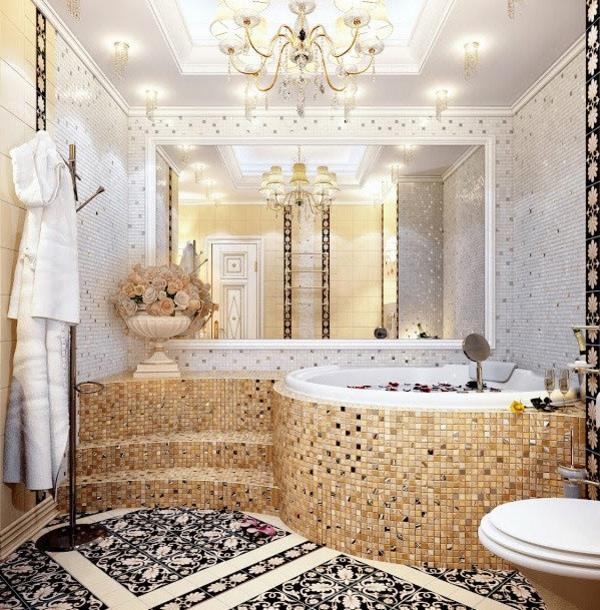 prabangios mozaikos plytelės-smėlio spalvos vonios kambarys