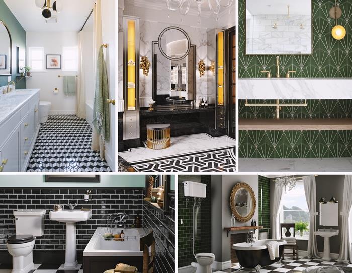 retro banyo duvar karoları 1920'lerin iç tasarımı modaya uygun renkler koyu yeşil fayans pirinç aksan