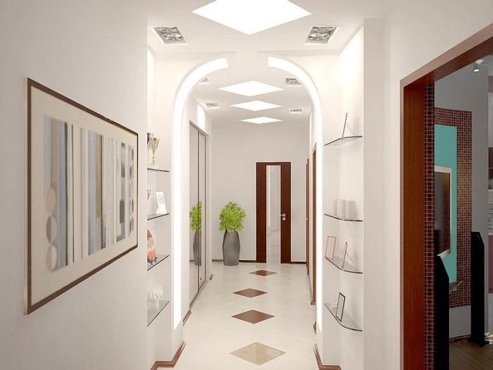 kemerli beyaz duvarlı modern koridor ve giriş deco fikri, beyaz ve kahverengi tasarım döşeme deseni